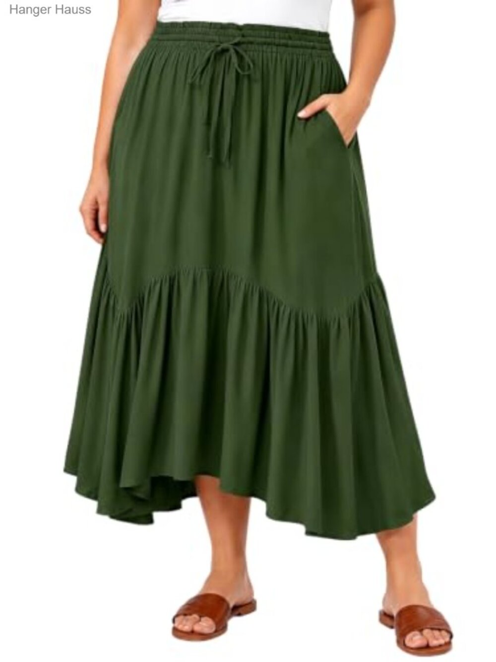 Plus Size Maxi Skirt High Waisted Ruffle A-Line Asymmetric with Pockets